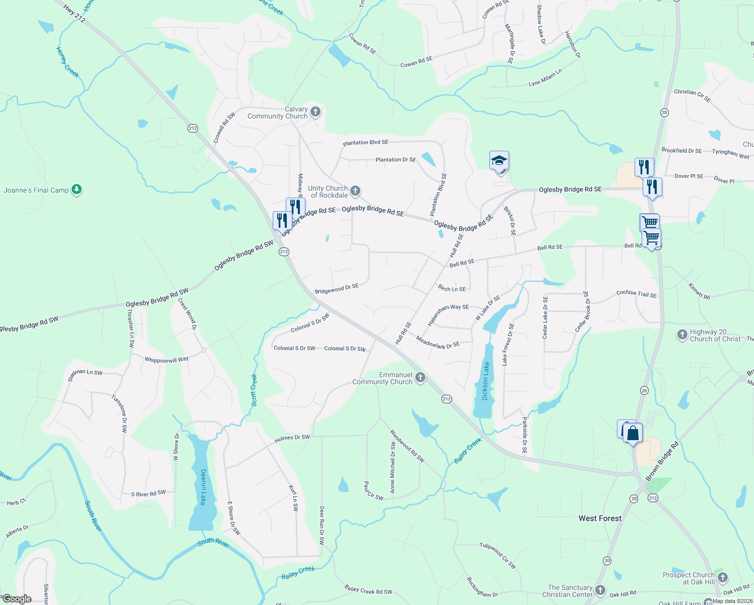 map of restaurants, bars, coffee shops, grocery stores, and more near 384 Hidden Valley Drive Southeast in Conyers