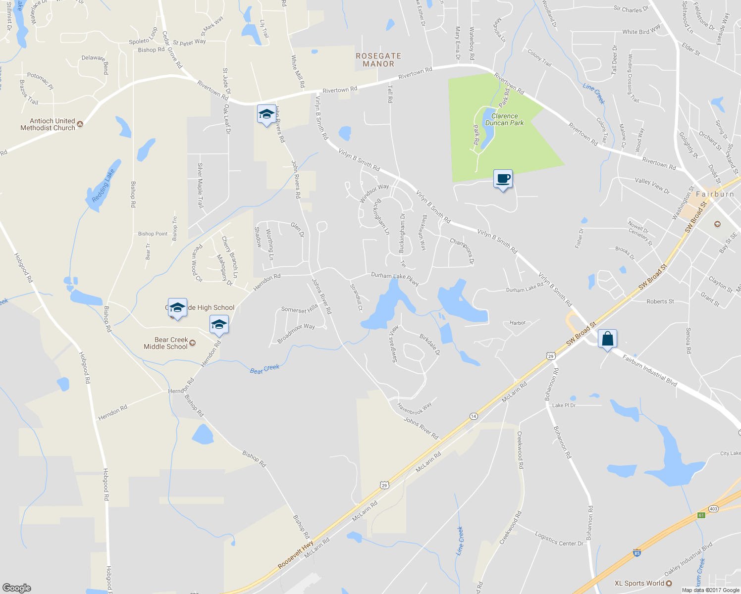 map of restaurants, bars, coffee shops, grocery stores, and more near 80 Bayberry Hills in Fairburn