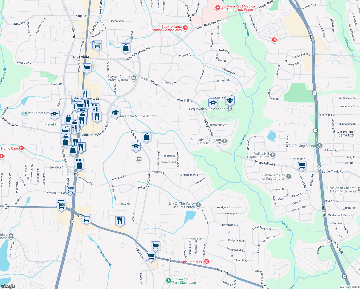map of restaurants, bars, coffee shops, grocery stores, and more near 7156 Woodland Circle in Riverdale