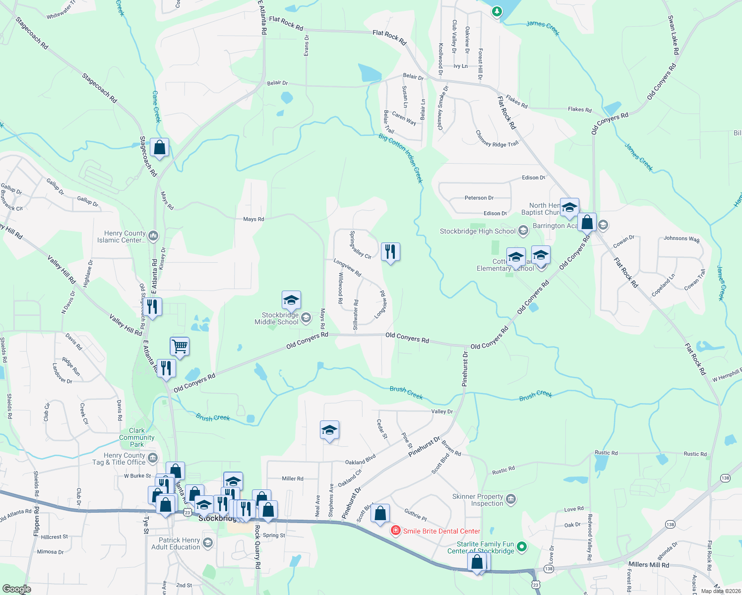 map of restaurants, bars, coffee shops, grocery stores, and more near 103 Longview Cir in Stockbridge