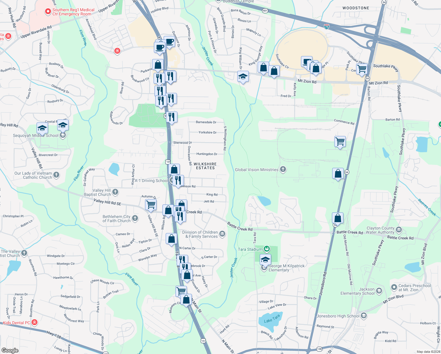 map of restaurants, bars, coffee shops, grocery stores, and more near 843 Patton Court in Jonesboro