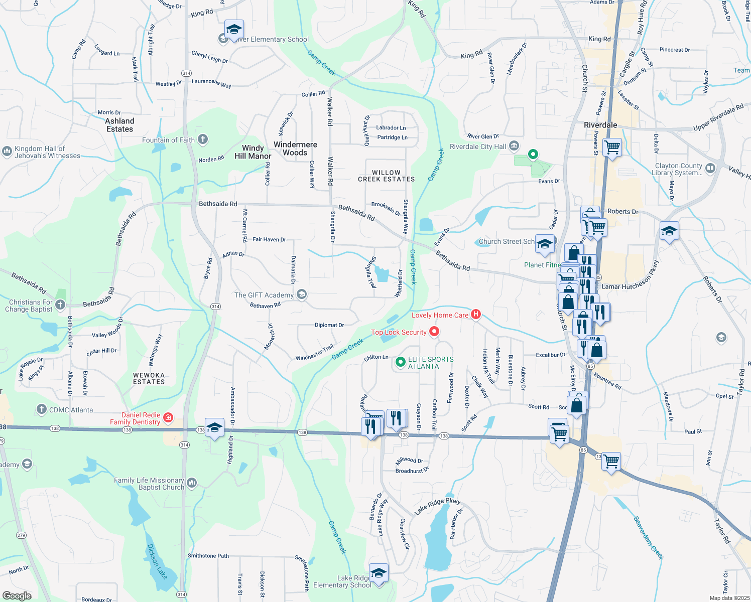 map of restaurants, bars, coffee shops, grocery stores, and more near 7156 Whitfield Drive in Riverdale