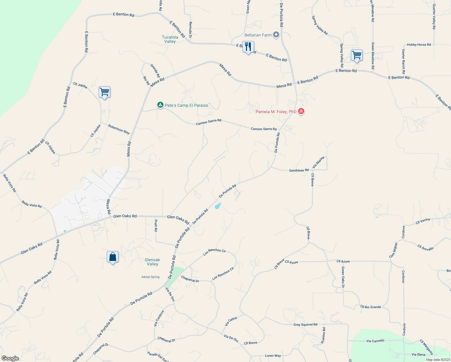 map of restaurants, bars, coffee shops, grocery stores, and more near 41590 De Portola Road in Temecula