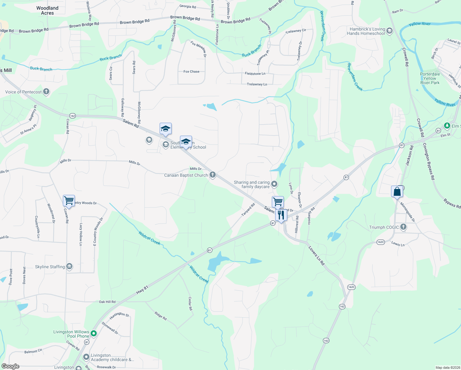 map of restaurants, bars, coffee shops, grocery stores, and more near 65 Tanyard Road in Covington