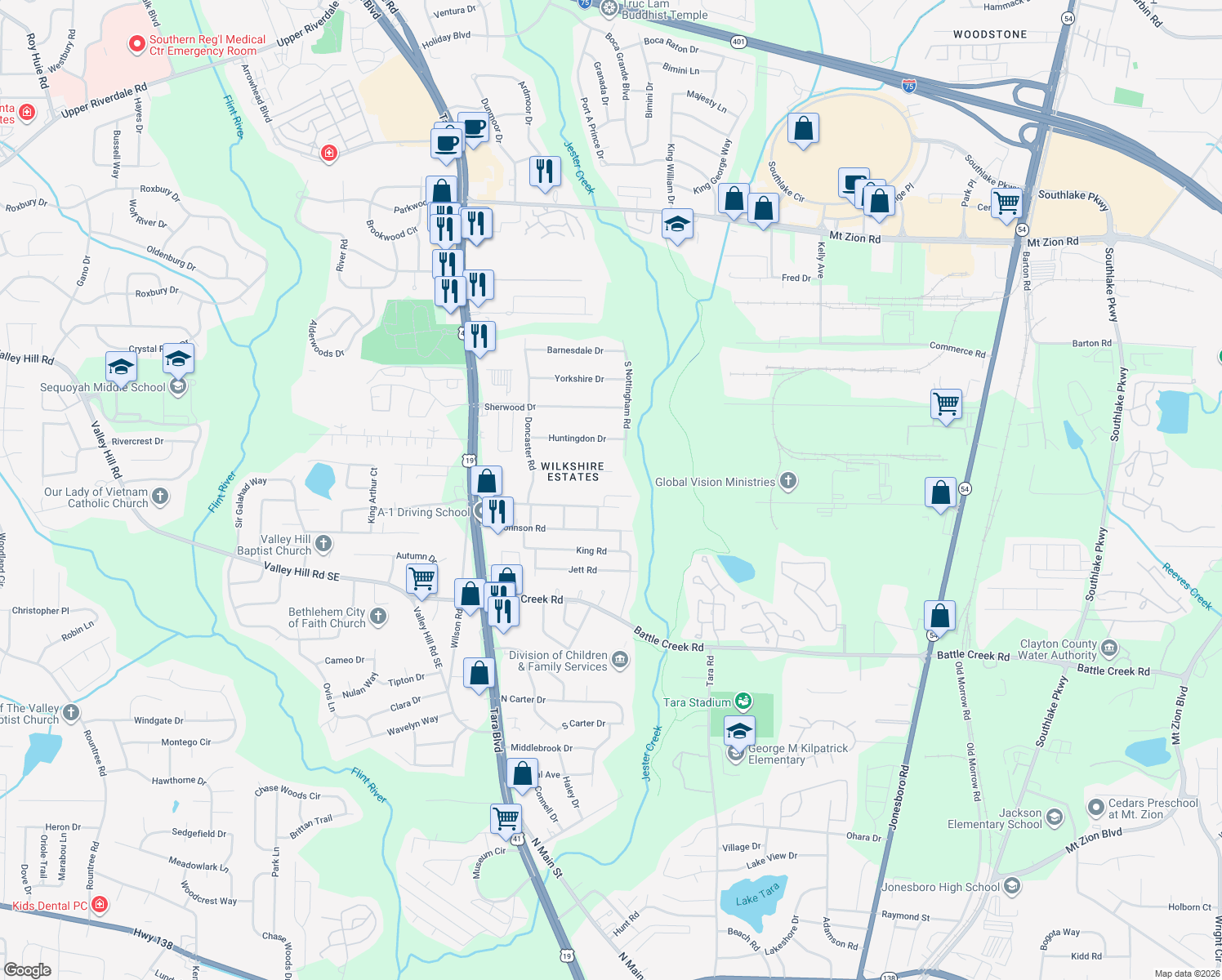 map of restaurants, bars, coffee shops, grocery stores, and more near 836 Patton Court in Jonesboro