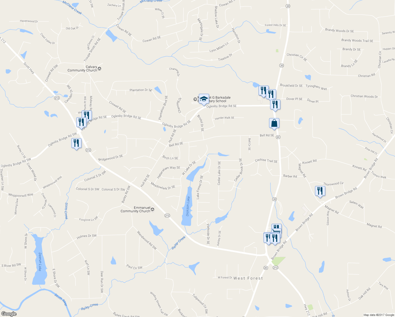 map of restaurants, bars, coffee shops, grocery stores, and more near 4791 Wyndale Circle Southeast in Conyers