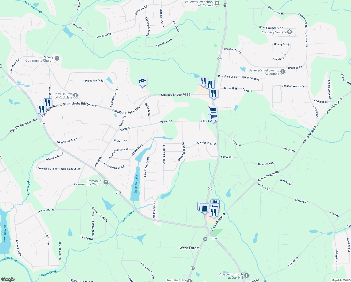 map of restaurants, bars, coffee shops, grocery stores, and more near 812 Cedar Lake Drive Southeast in Conyers