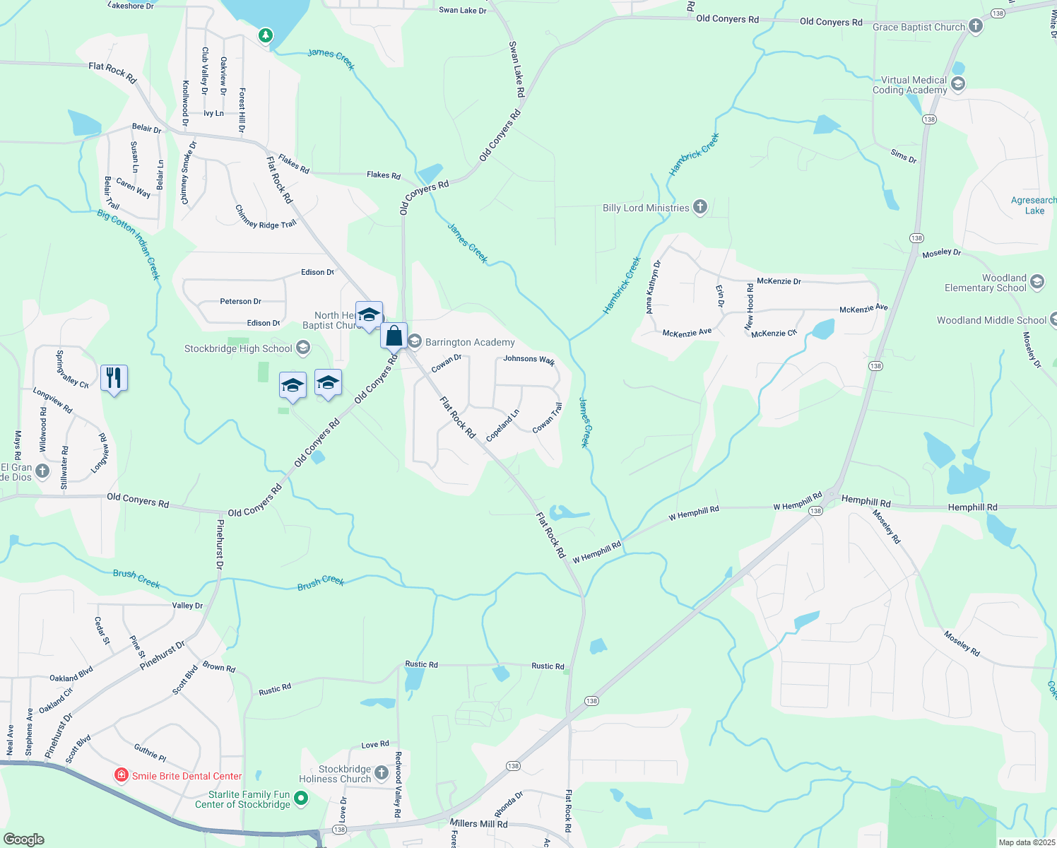 map of restaurants, bars, coffee shops, grocery stores, and more near 135 Cowan Trail in Stockbridge