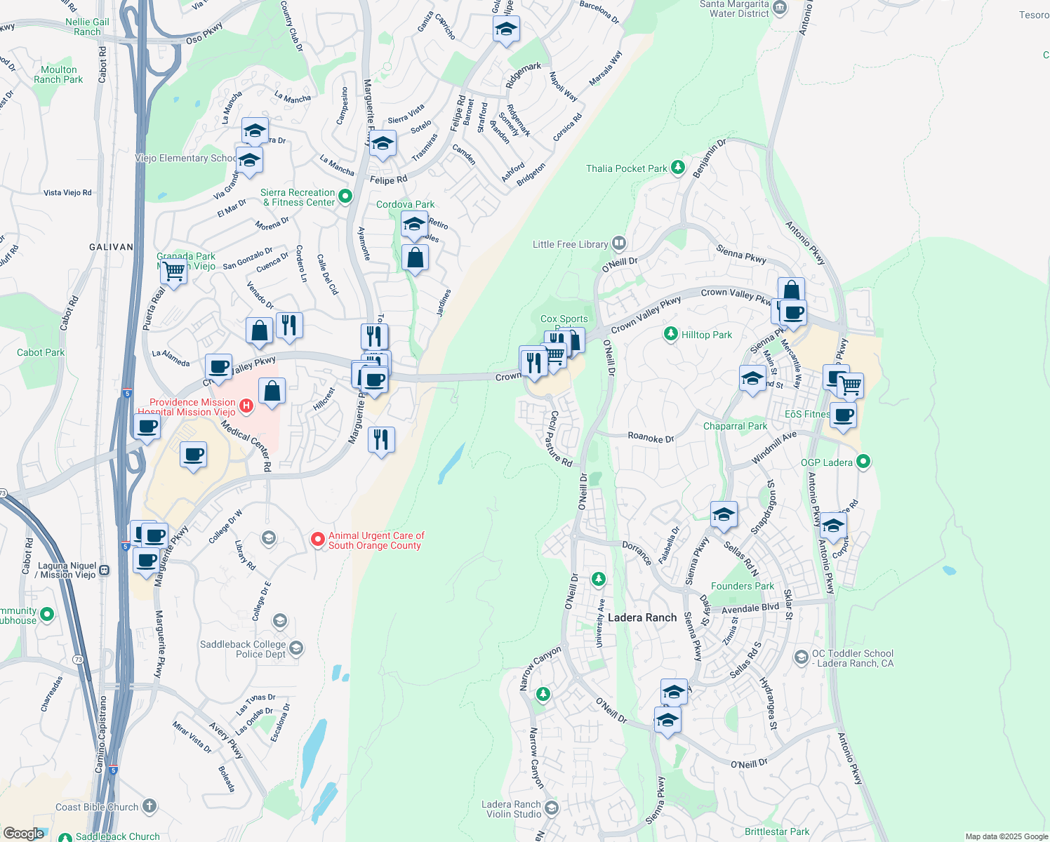map of restaurants, bars, coffee shops, grocery stores, and more near 81 Garrison Loop in Ladera Ranch