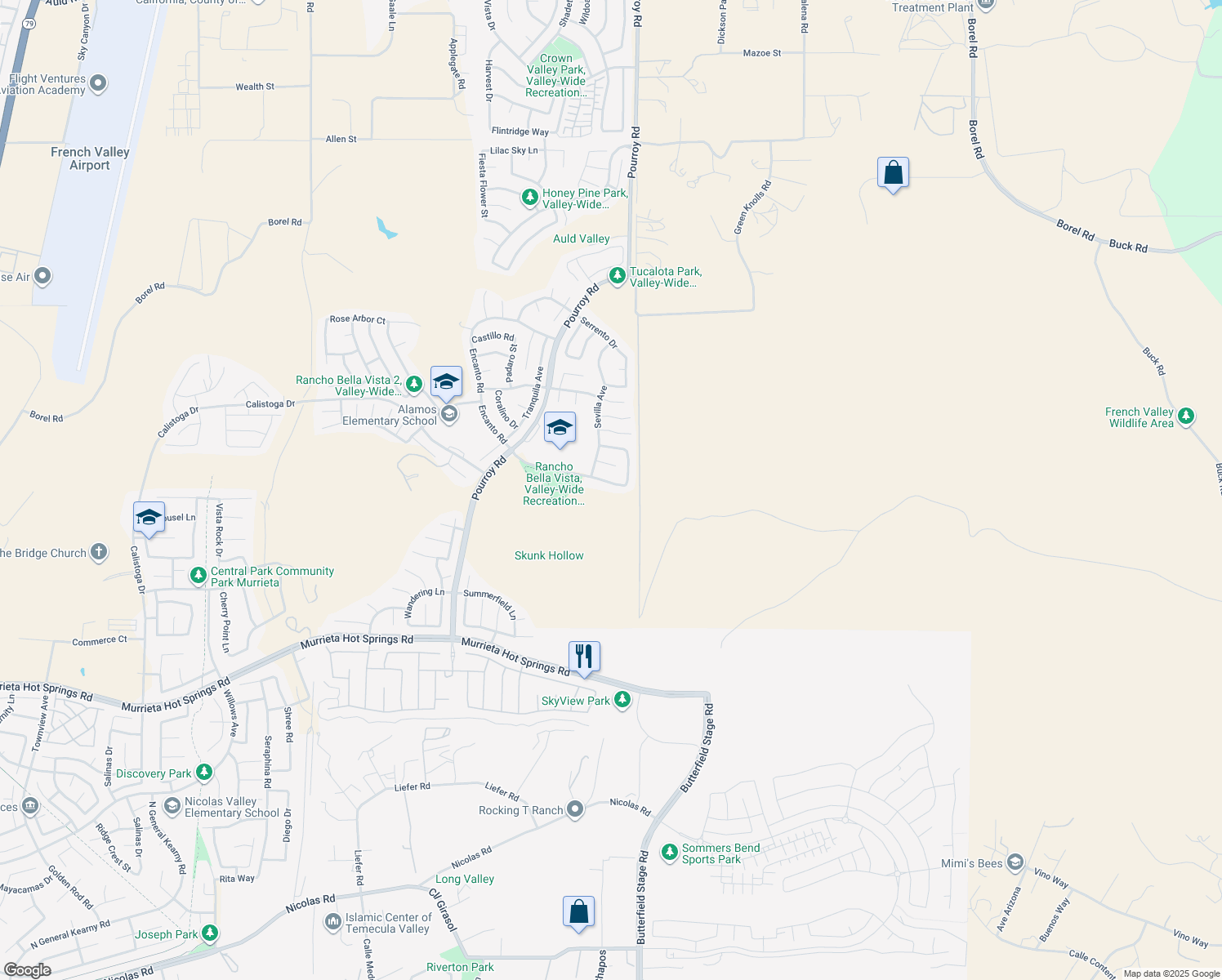 map of restaurants, bars, coffee shops, grocery stores, and more near 31933 Browning Street in Murrieta