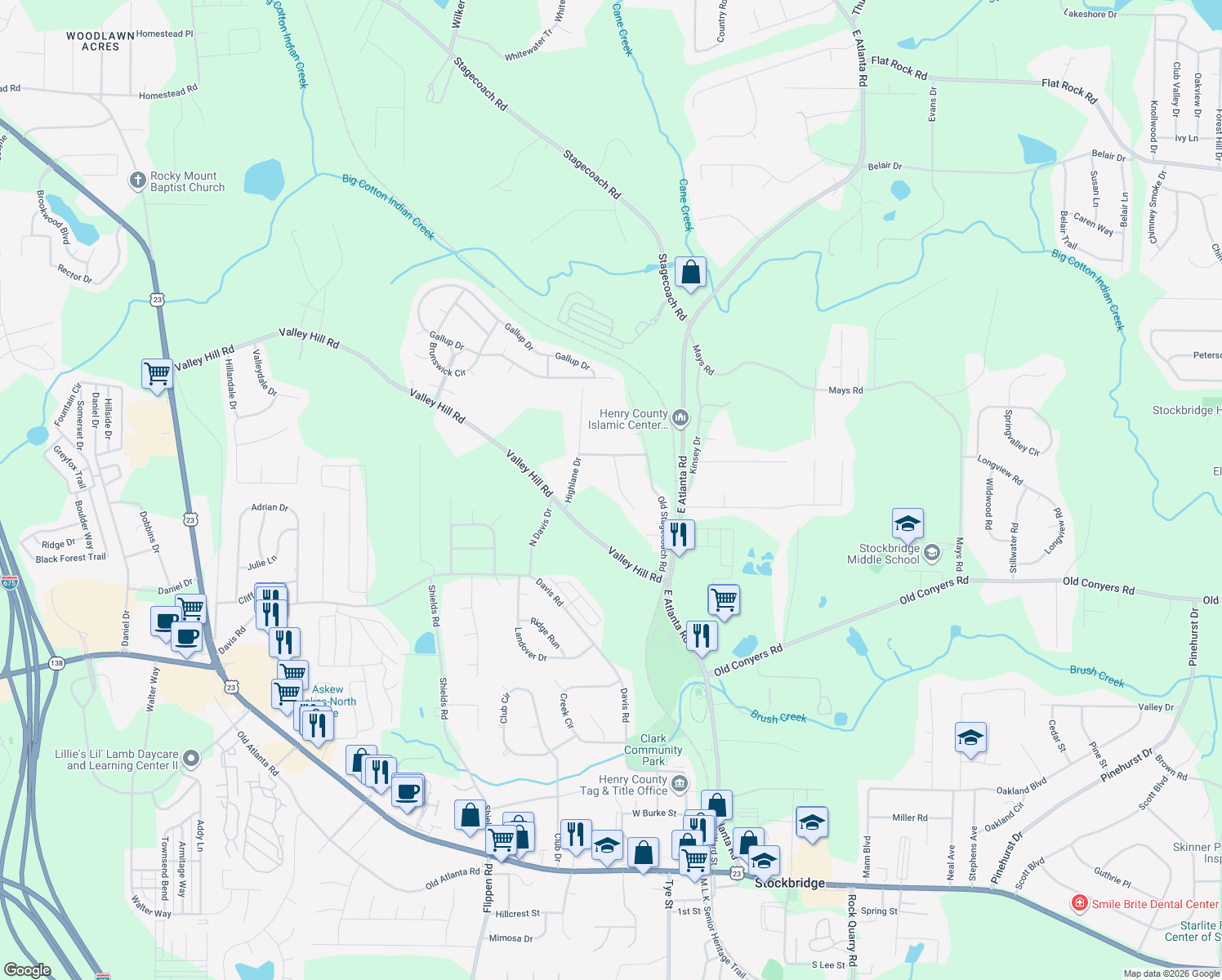 map of restaurants, bars, coffee shops, grocery stores, and more near 118 Cactus Lane in Stockbridge