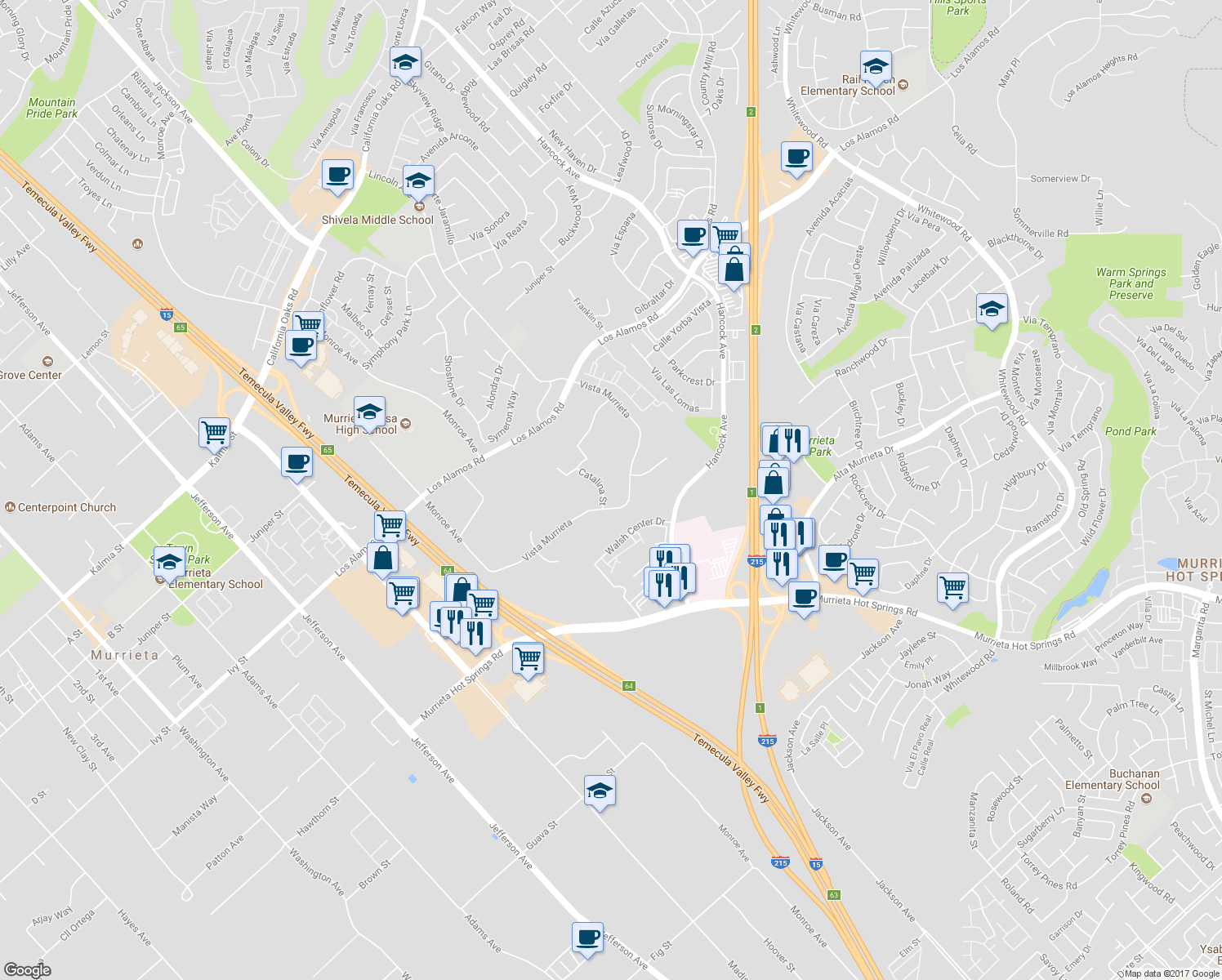 map of restaurants, bars, coffee shops, grocery stores, and more near 25256 Catalina Street in Murrieta
