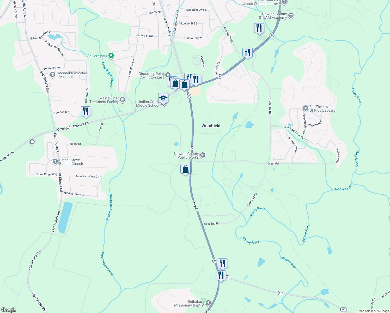 map of restaurants, bars, coffee shops, grocery stores, and more near 10603 Georgia 36 in Covington