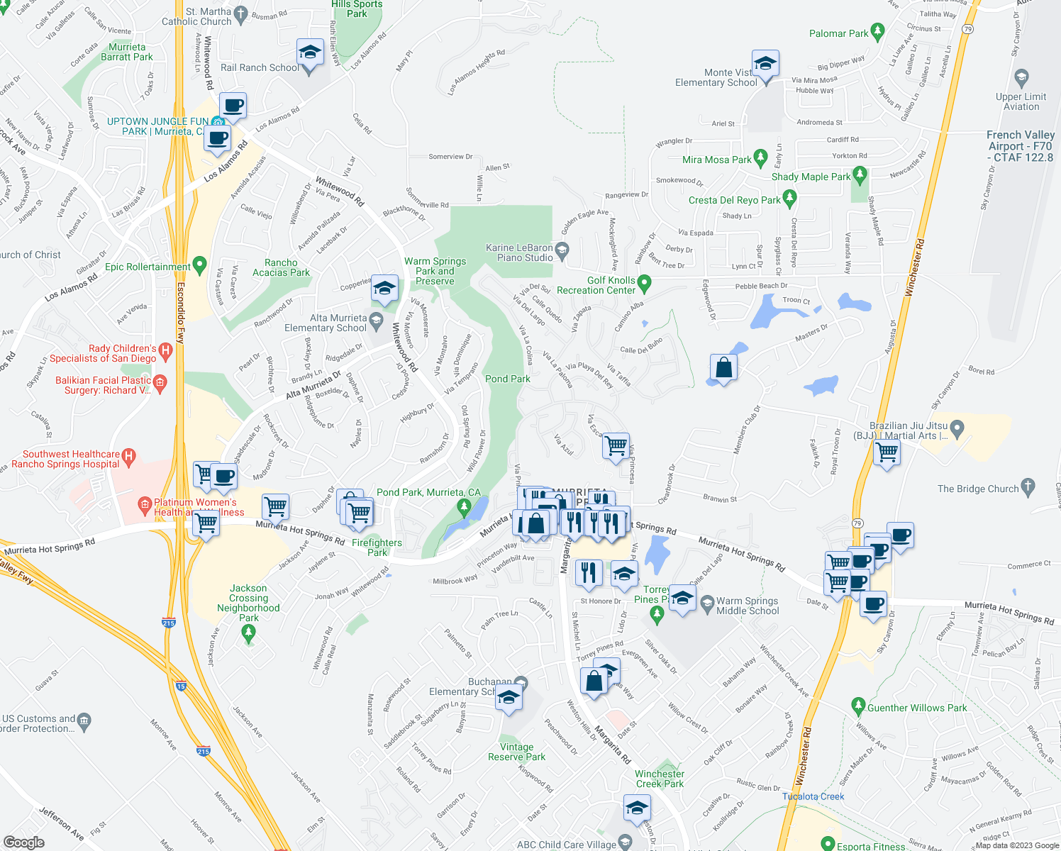 map of restaurants, bars, coffee shops, grocery stores, and more near 38540 Calle De La Siesta in Murrieta