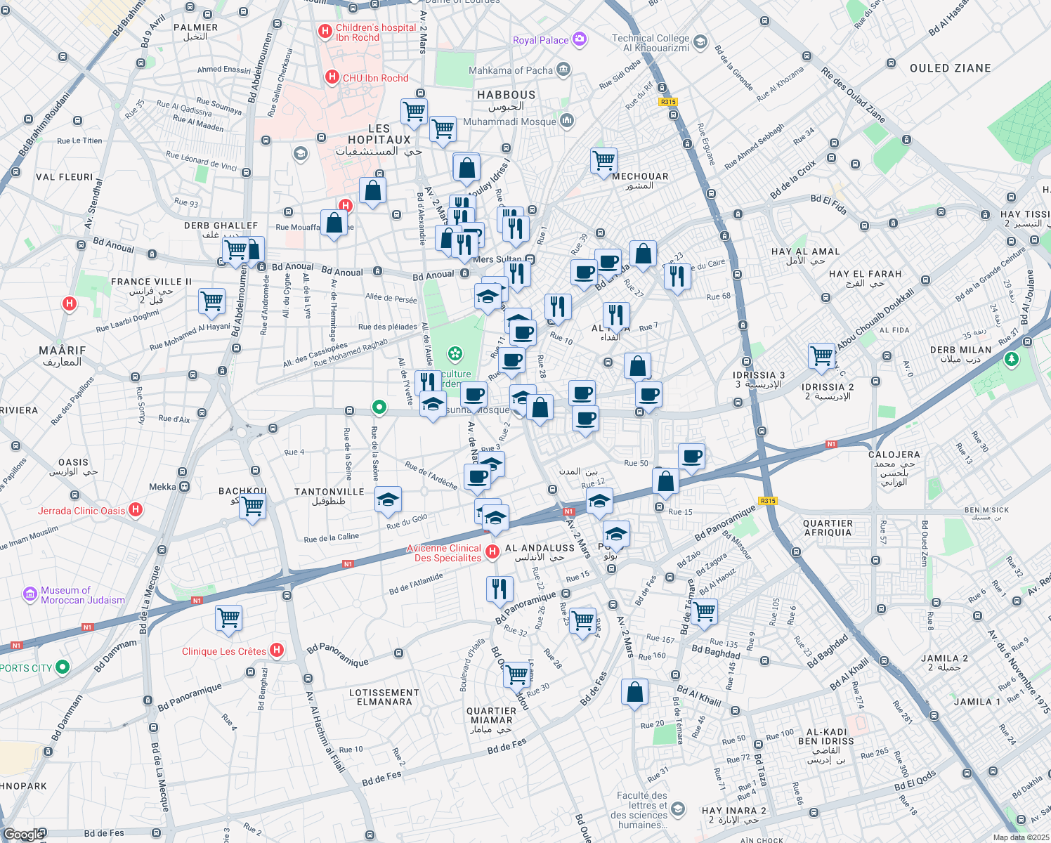 map of restaurants, bars, coffee shops, grocery stores, and more near Avenue 2 Mars in Casablanca