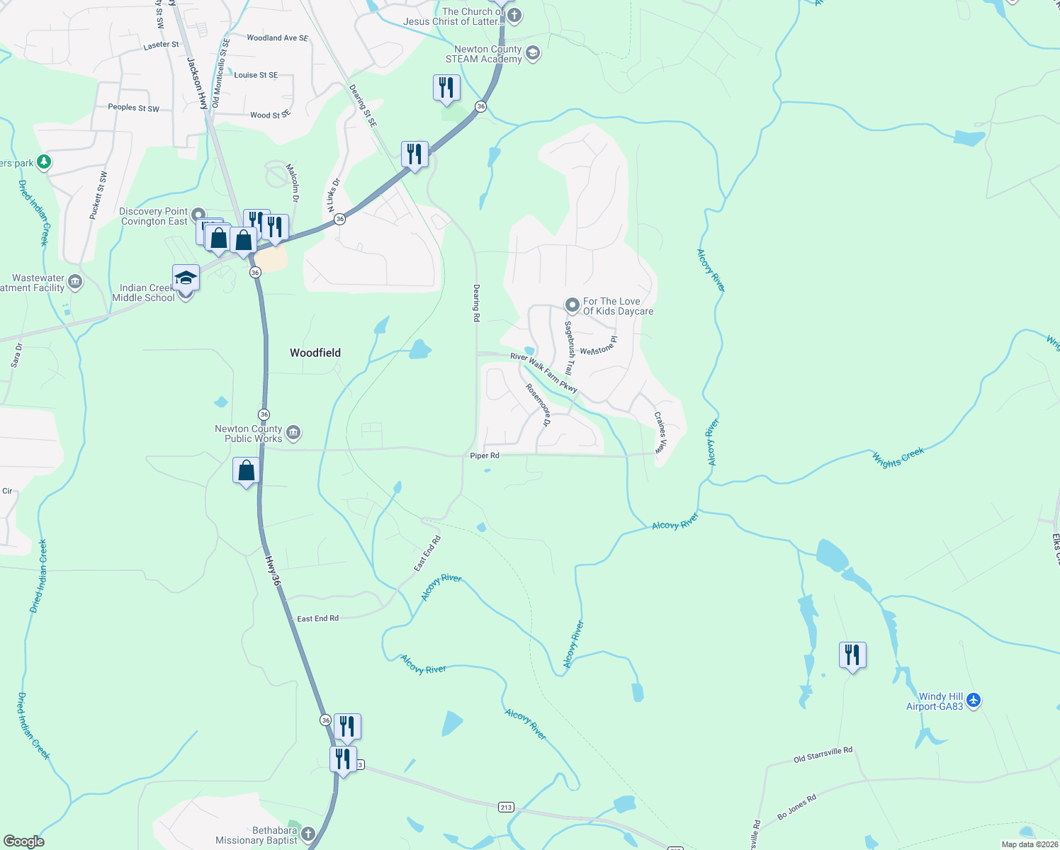 map of restaurants, bars, coffee shops, grocery stores, and more near 140 Goshawk Walk in Covington