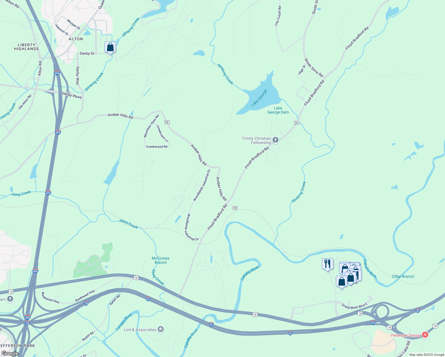 map of restaurants, bars, coffee shops, grocery stores, and more near 6300 Amber Hills Road in Trussville