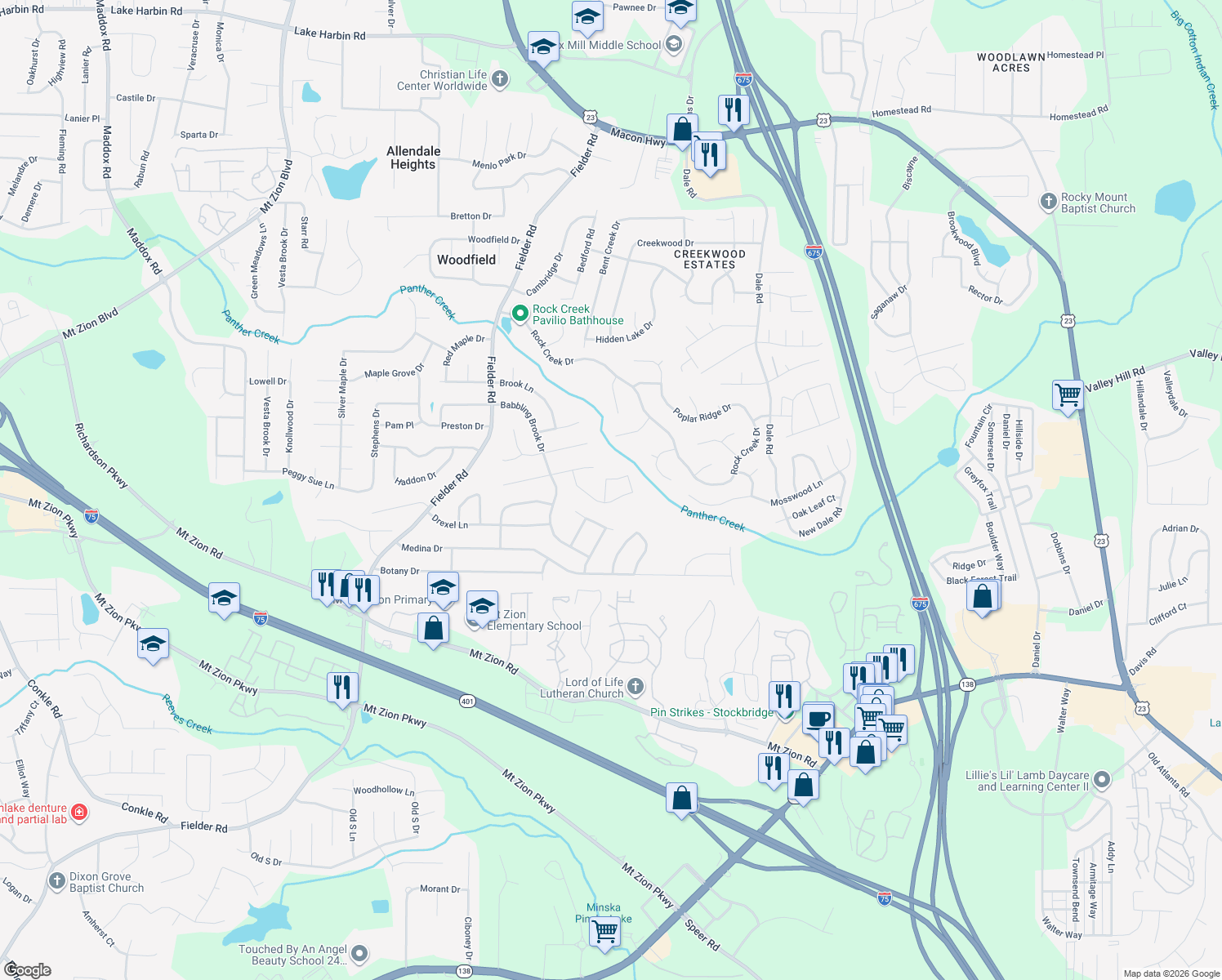 map of restaurants, bars, coffee shops, grocery stores, and more near 3348 Glen Hollow Drive in Rex
