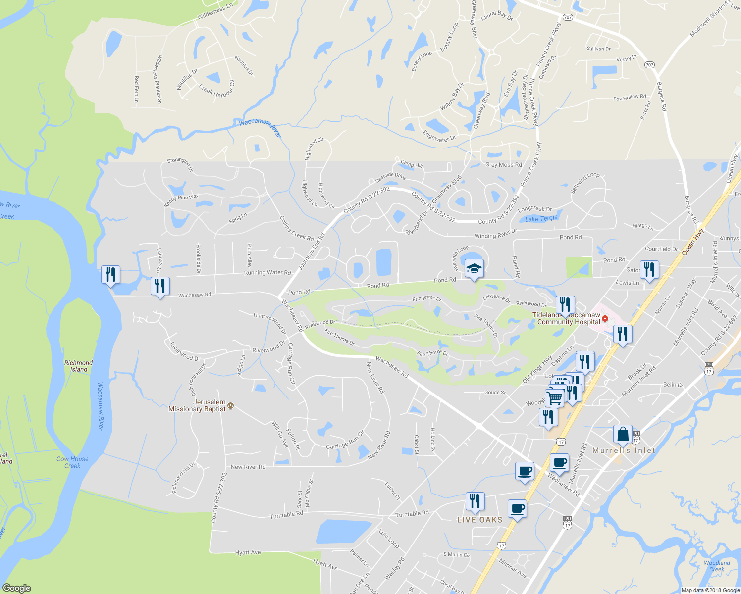 map of restaurants, bars, coffee shops, grocery stores, and more near 4634 Fringetree Drive in Murrells Inlet