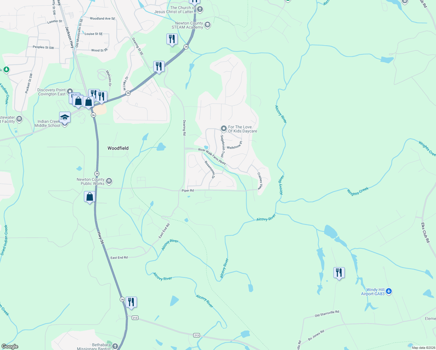 map of restaurants, bars, coffee shops, grocery stores, and more near 35 Snapdragon Lane in Covington