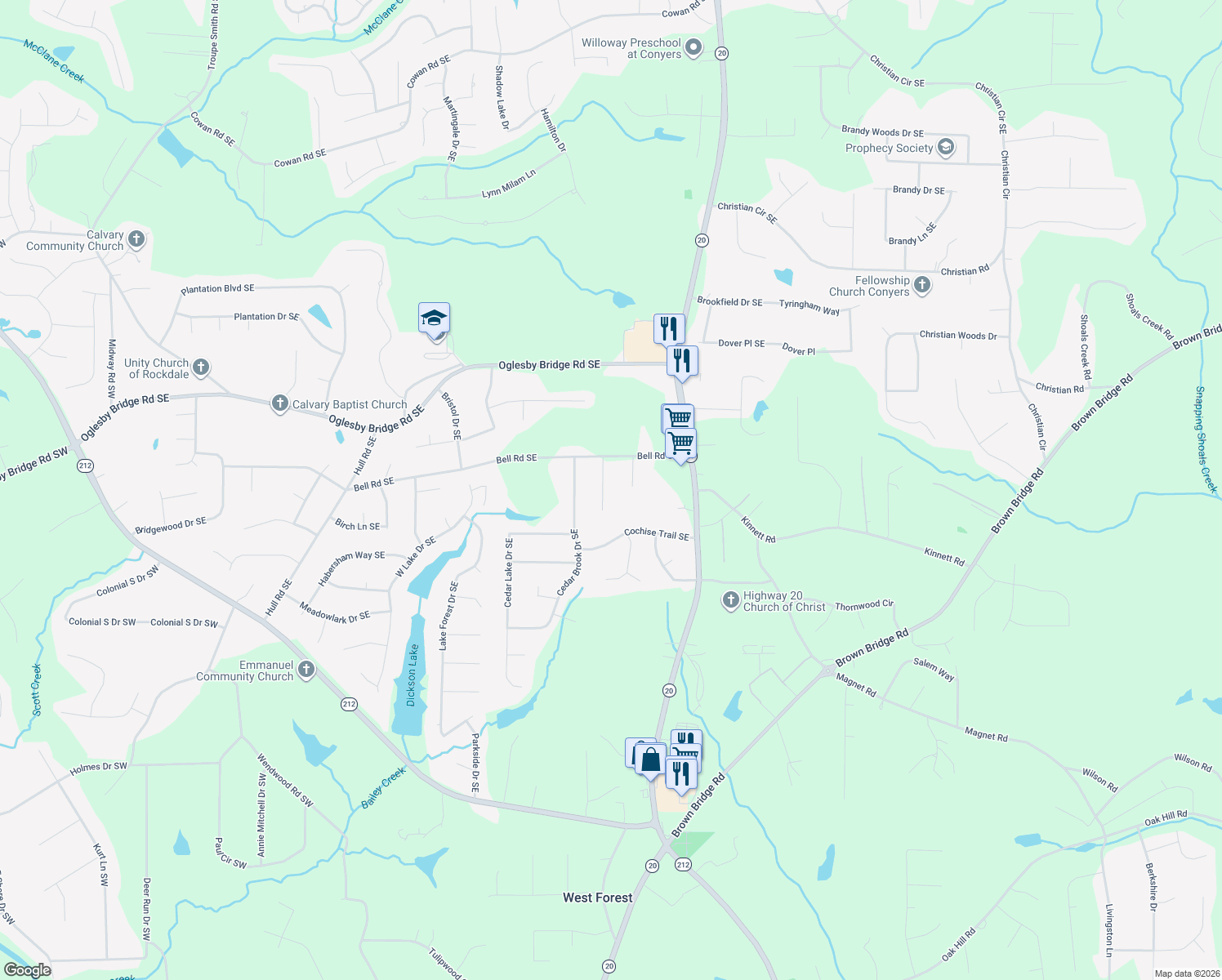 map of restaurants, bars, coffee shops, grocery stores, and more near 4750 Bell Circle Southeast in Conyers