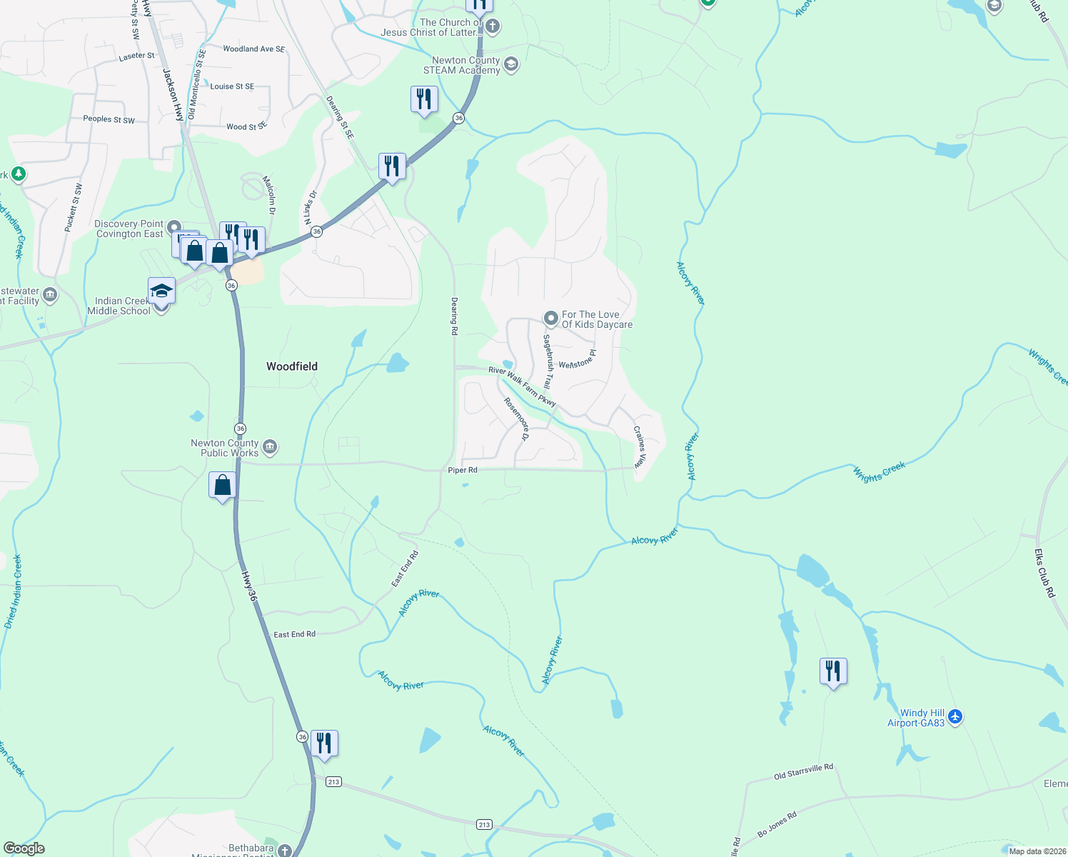 map of restaurants, bars, coffee shops, grocery stores, and more near 35 Snapdragon Lane in Covington