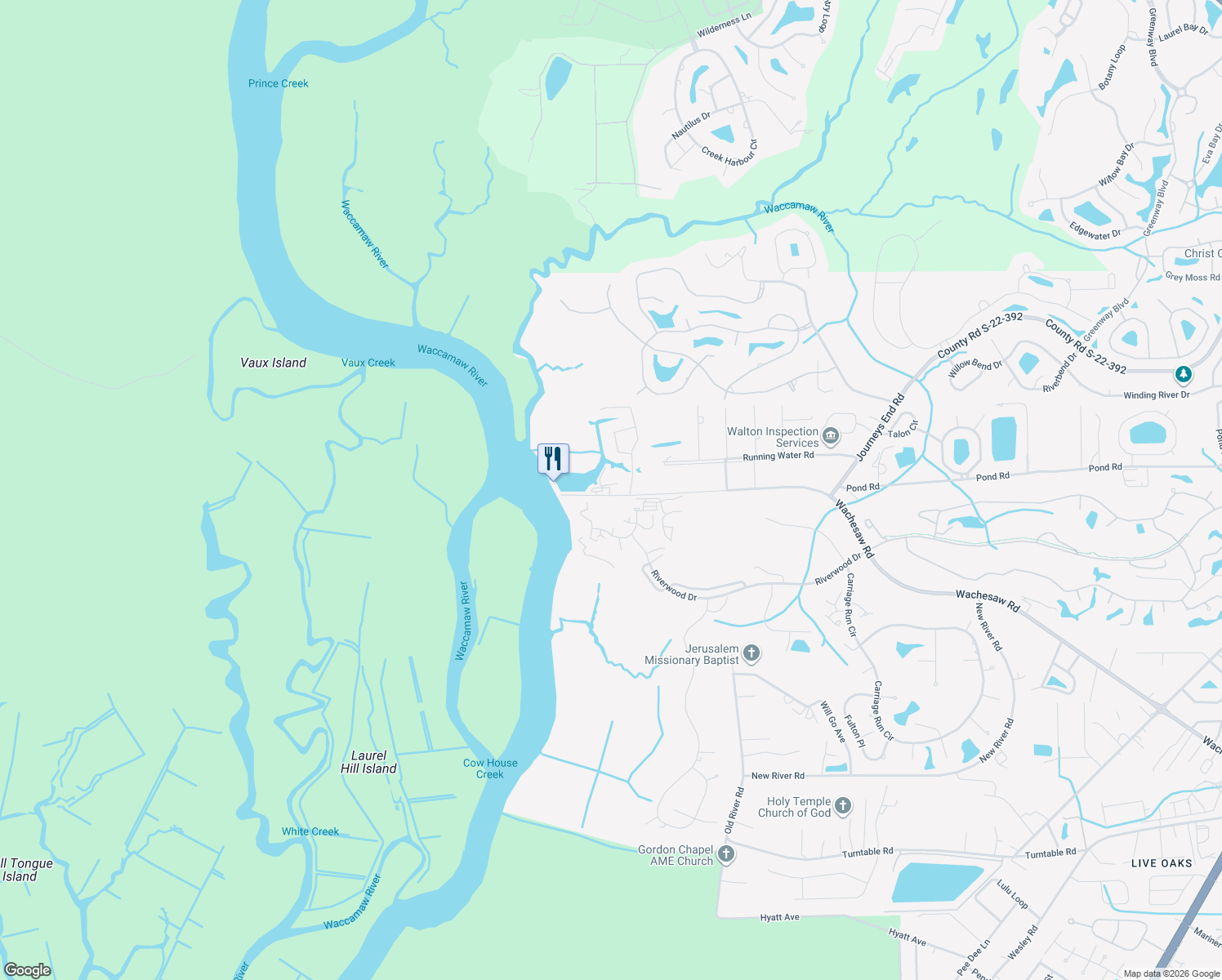 map of restaurants, bars, coffee shops, grocery stores, and more near 1880 Wachesaw Road in Murrells Inlet