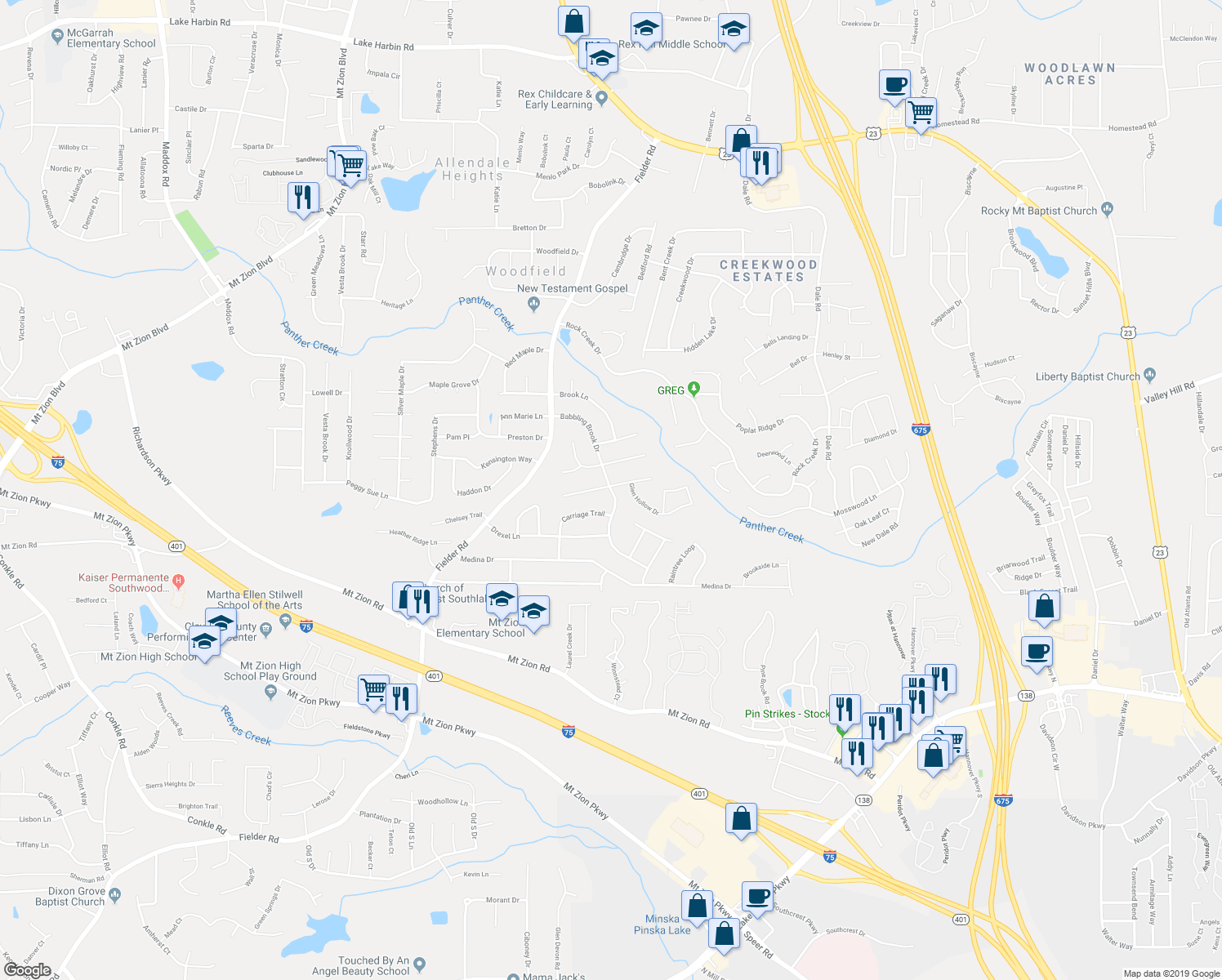 map of restaurants, bars, coffee shops, grocery stores, and more near 7041 Babbling Brook Drive in Jonesboro
