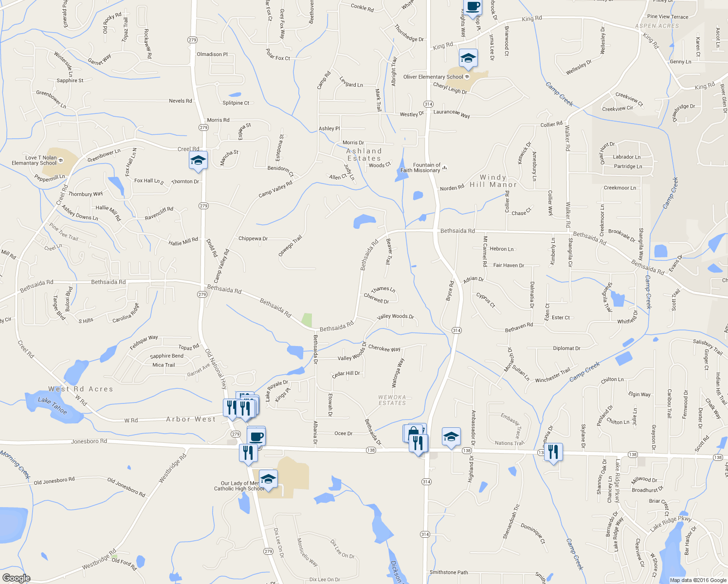 map of restaurants, bars, coffee shops, grocery stores, and more near 1964 Bethsaida Road in Riverdale