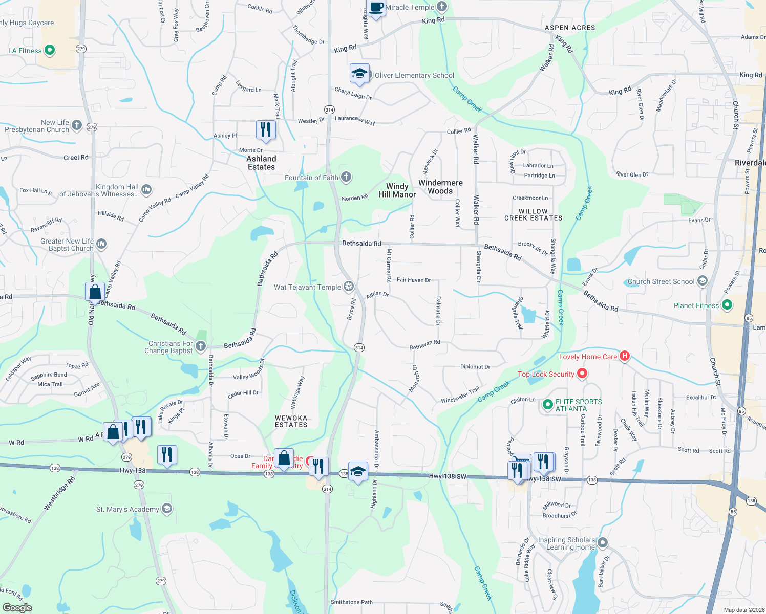 map of restaurants, bars, coffee shops, grocery stores, and more near 1669 Cyprus Court in Riverdale