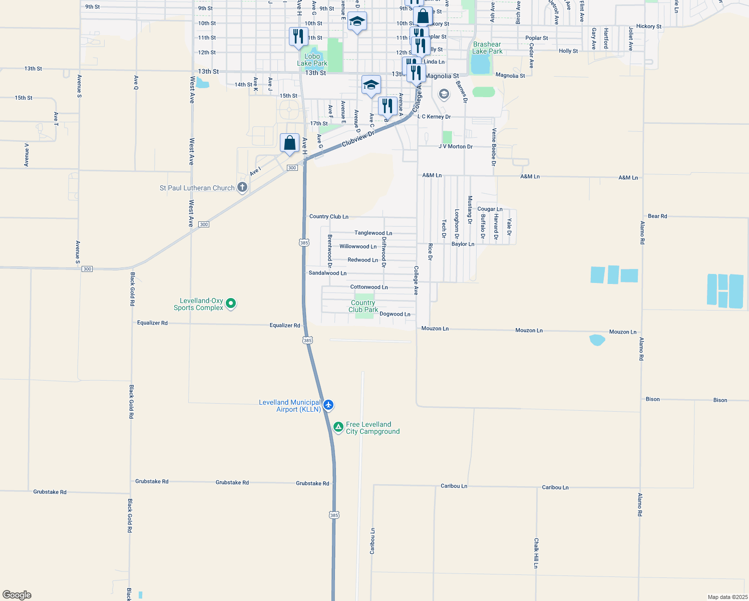 map of restaurants, bars, coffee shops, grocery stores, and more near Driftwood Ln in Levelland