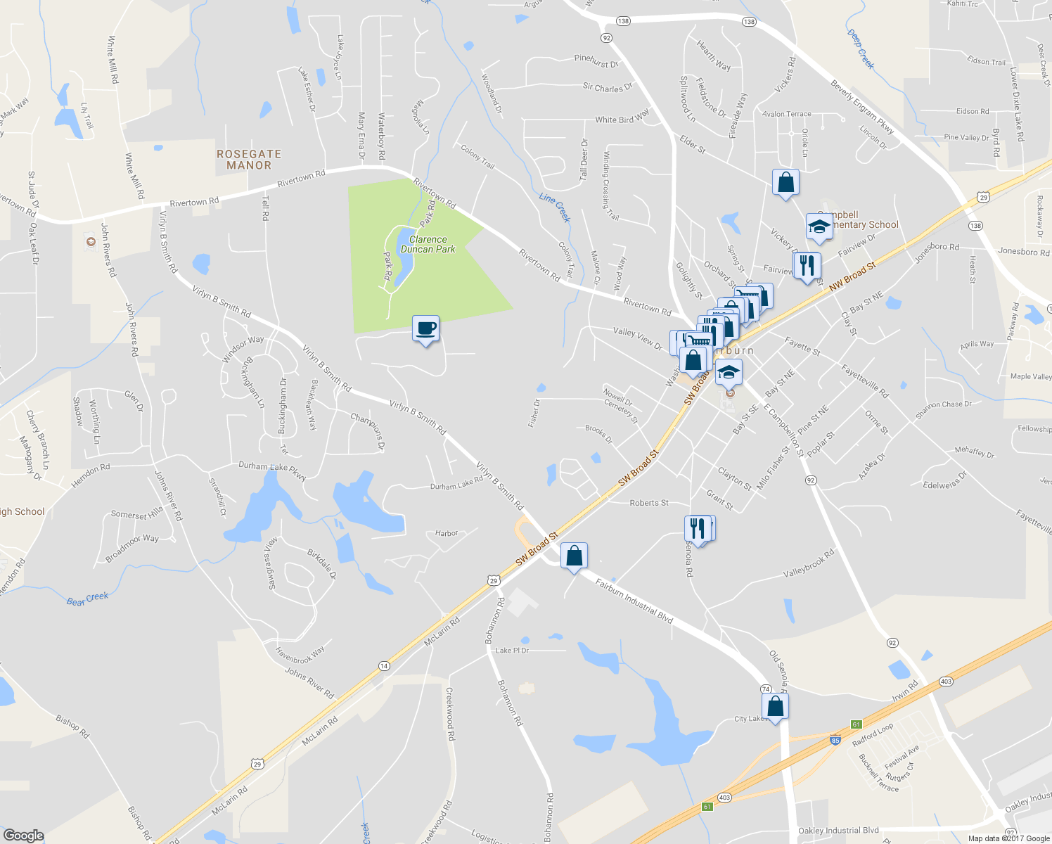 map of restaurants, bars, coffee shops, grocery stores, and more near 595 Fisher Drive in Fairburn
