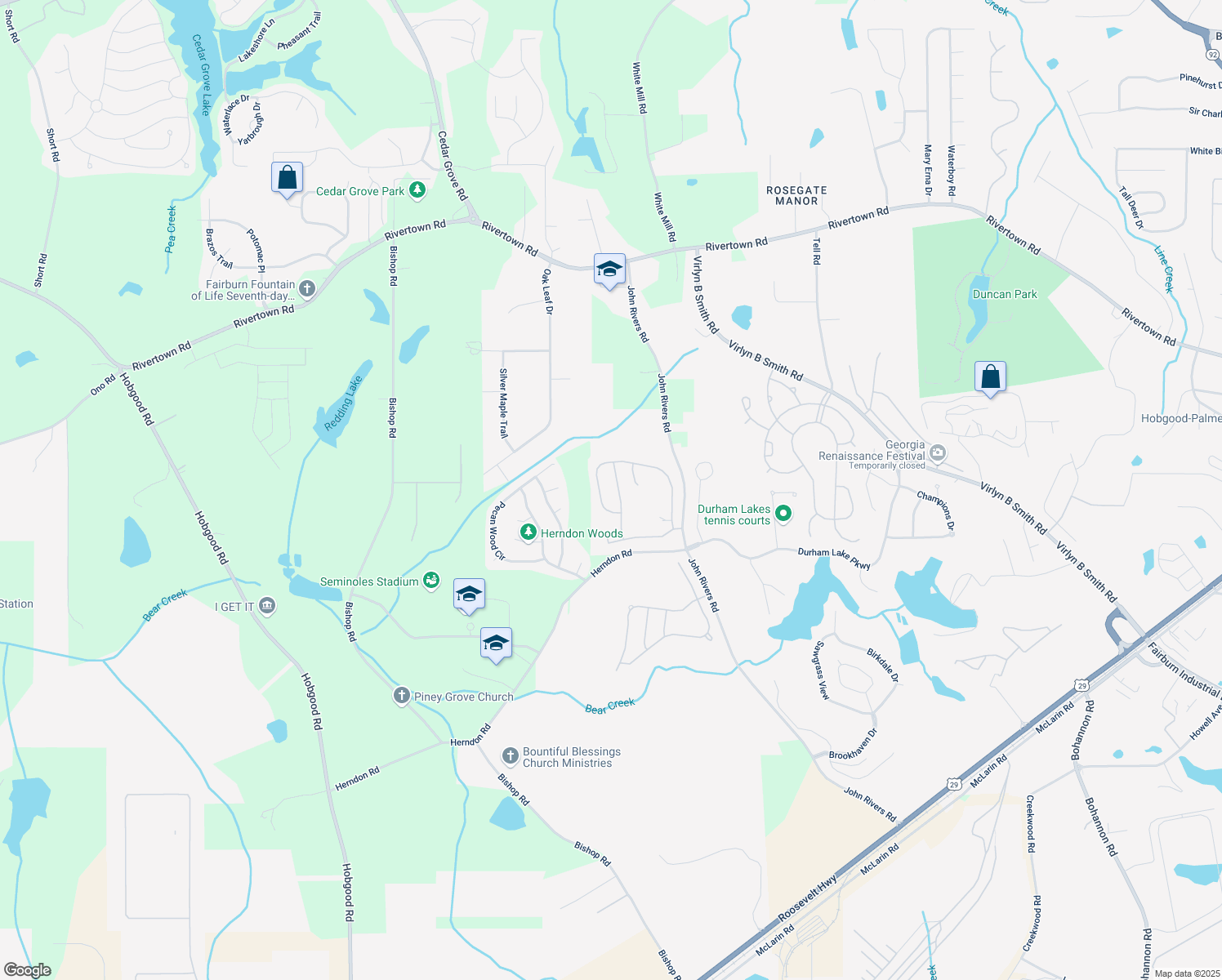 map of restaurants, bars, coffee shops, grocery stores, and more near 130 Worthing Lane in Fairburn