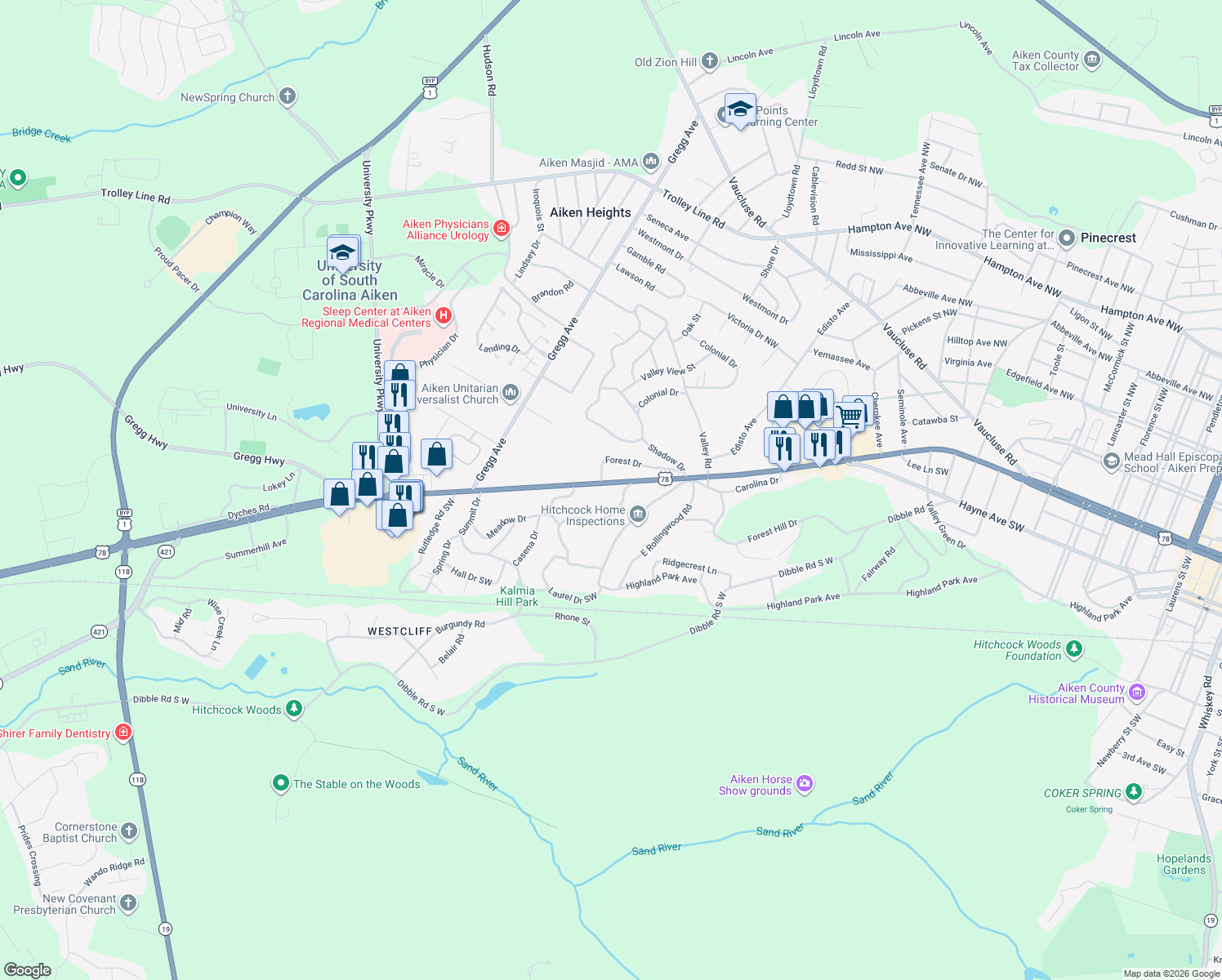 map of restaurants, bars, coffee shops, grocery stores, and more near 1213 Richland Avenue West in Aiken