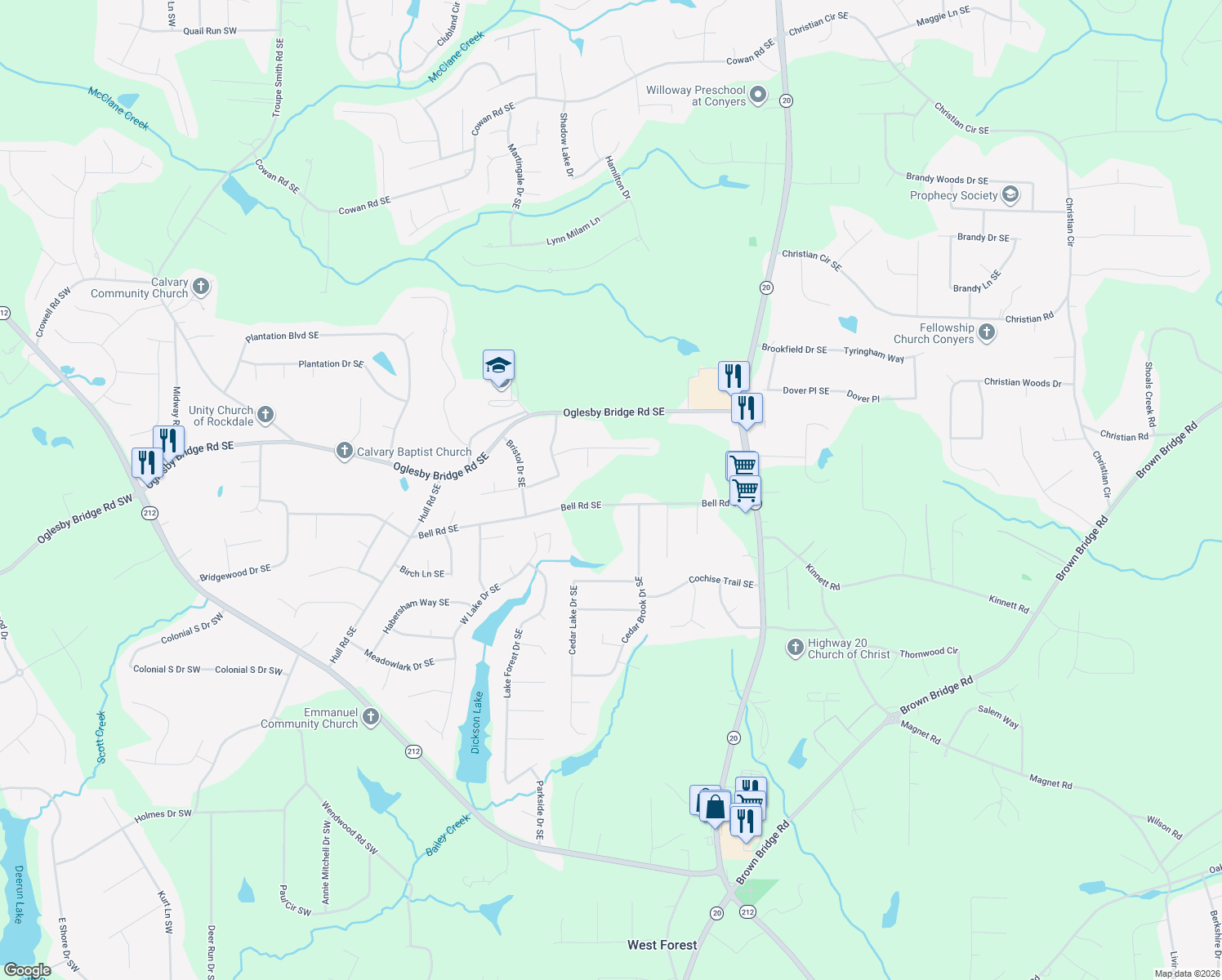 map of restaurants, bars, coffee shops, grocery stores, and more near 730 Bell Rd SE in Conyers