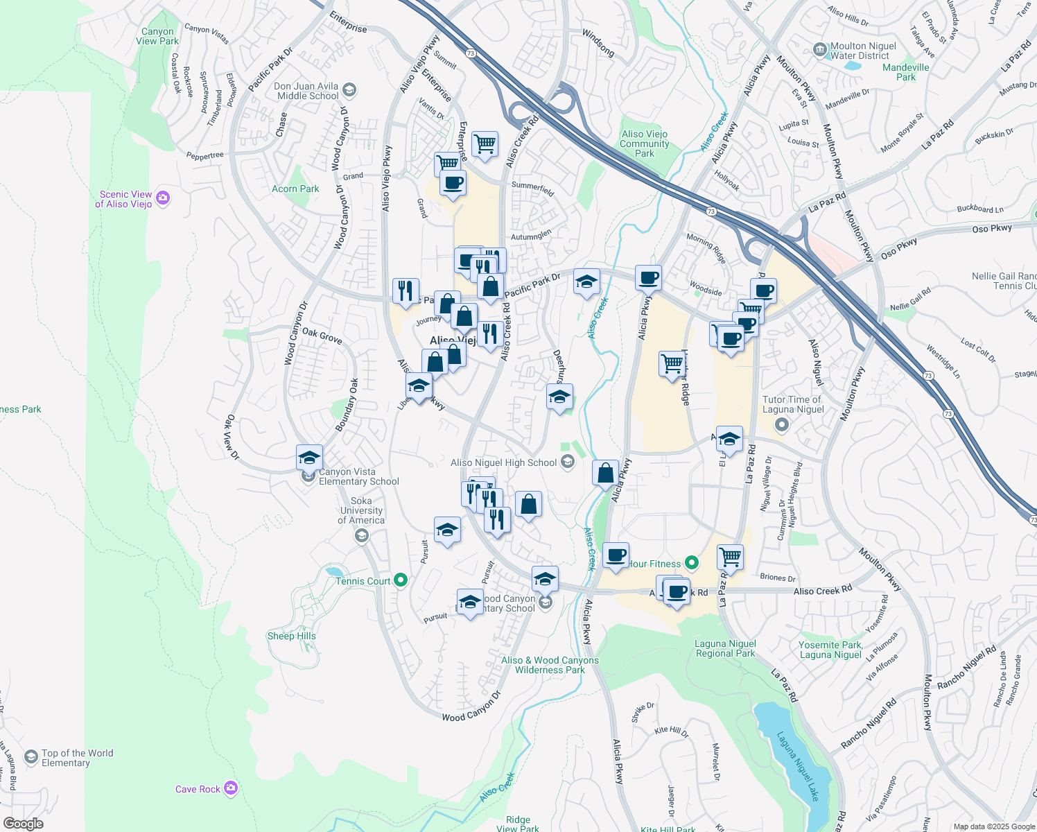 map of restaurants, bars, coffee shops, grocery stores, and more near 86 Sandcastle in Aliso Viejo