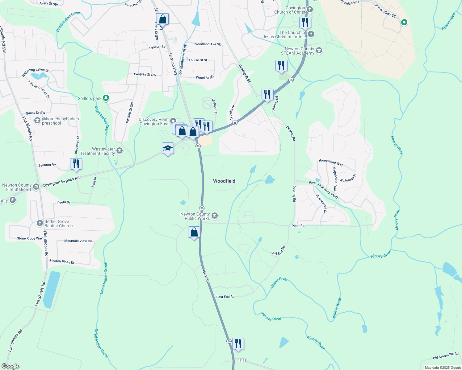 map of restaurants, bars, coffee shops, grocery stores, and more near 75 Woodfield Road in Covington