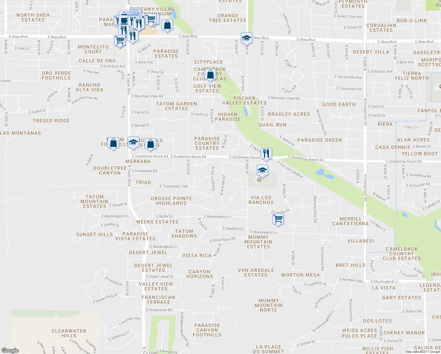 map of restaurants, bars, coffee shops, grocery stores, and more near 8734 North Ave Del Sol in Paradise Valley