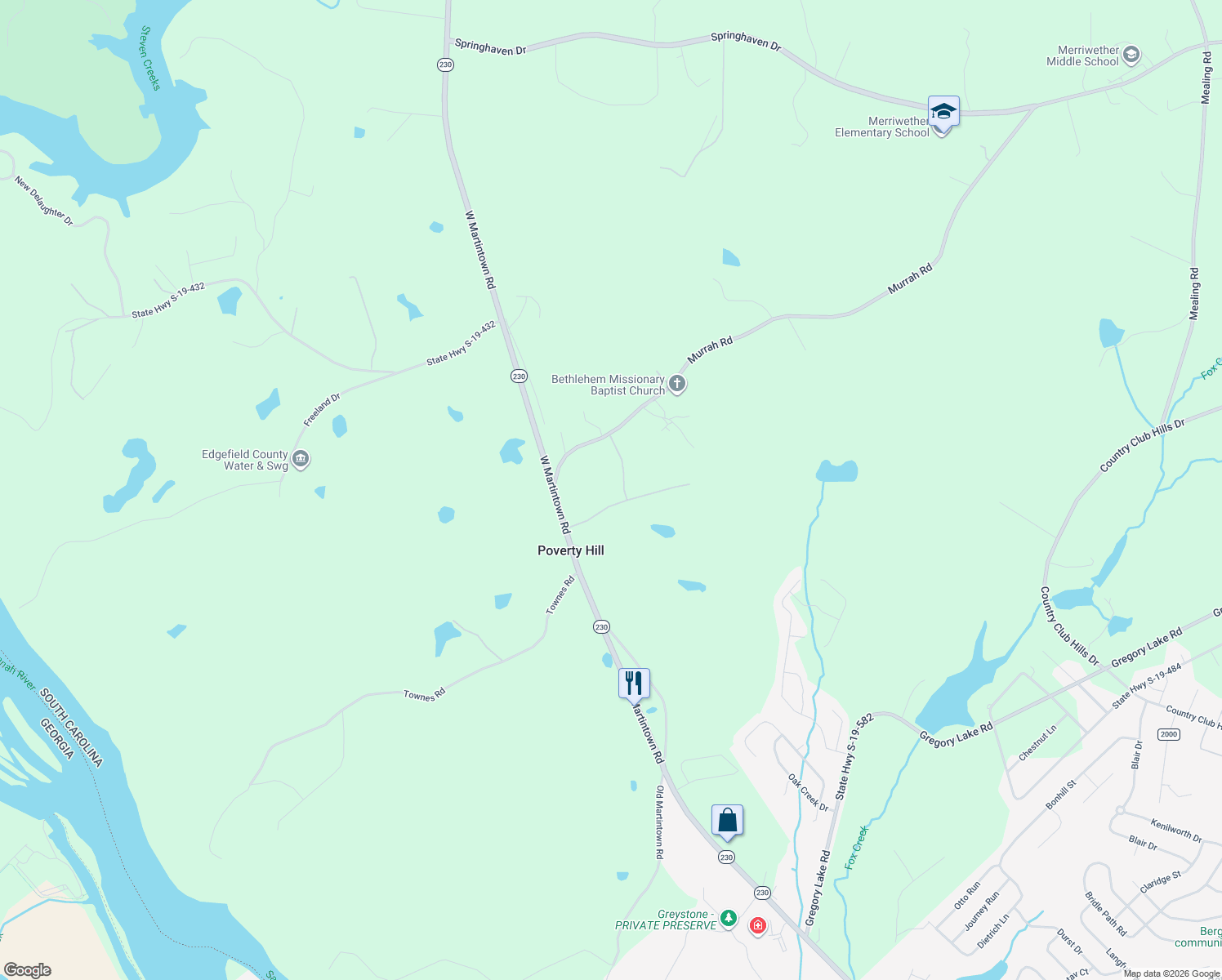 map of restaurants, bars, coffee shops, grocery stores, and more near Bella Vita Way in North Augusta