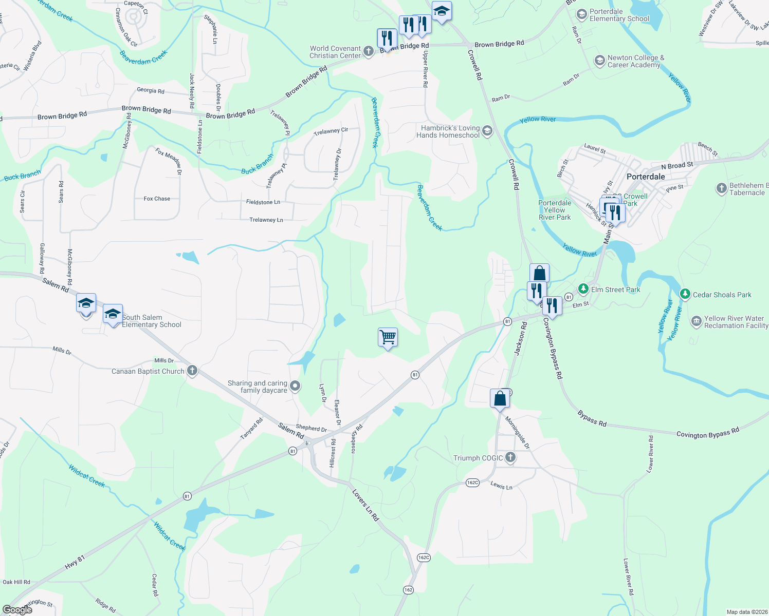 map of restaurants, bars, coffee shops, grocery stores, and more near 30 Heaton Circle in Covington