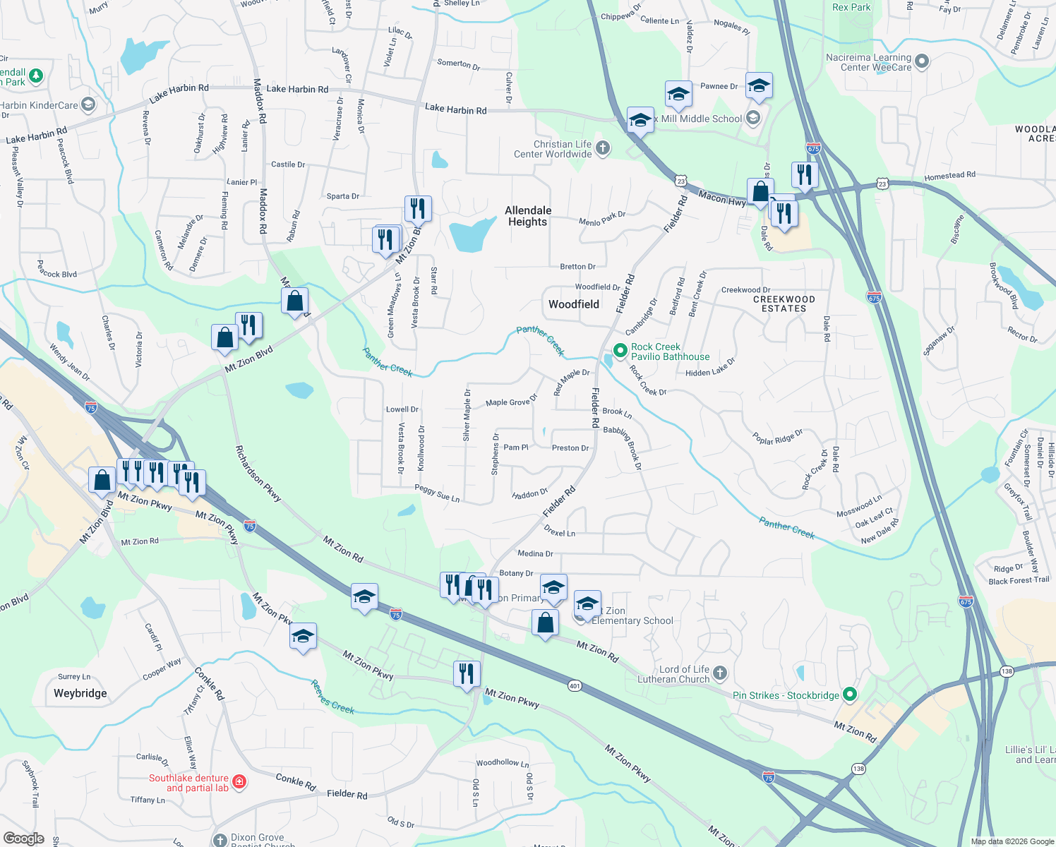 map of restaurants, bars, coffee shops, grocery stores, and more near 6877 Stephens Drive in Rex