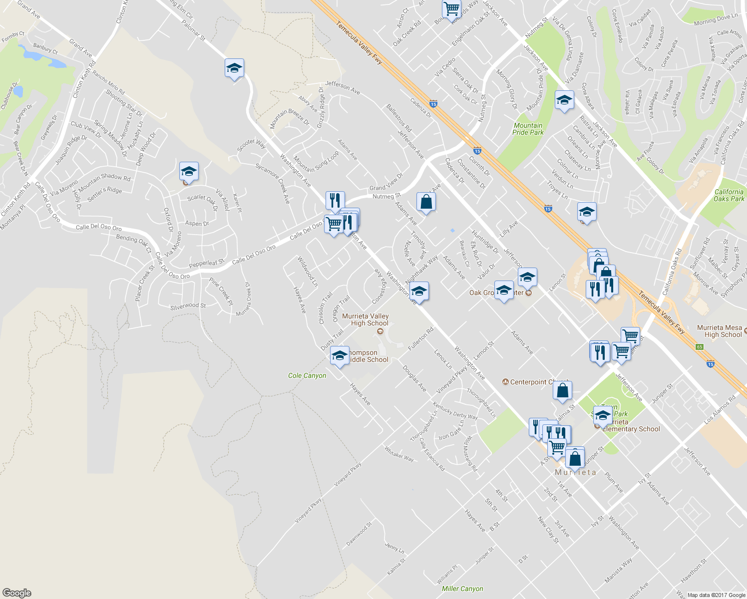 map of restaurants, bars, coffee shops, grocery stores, and more near 23911 Susan Way in Murrieta