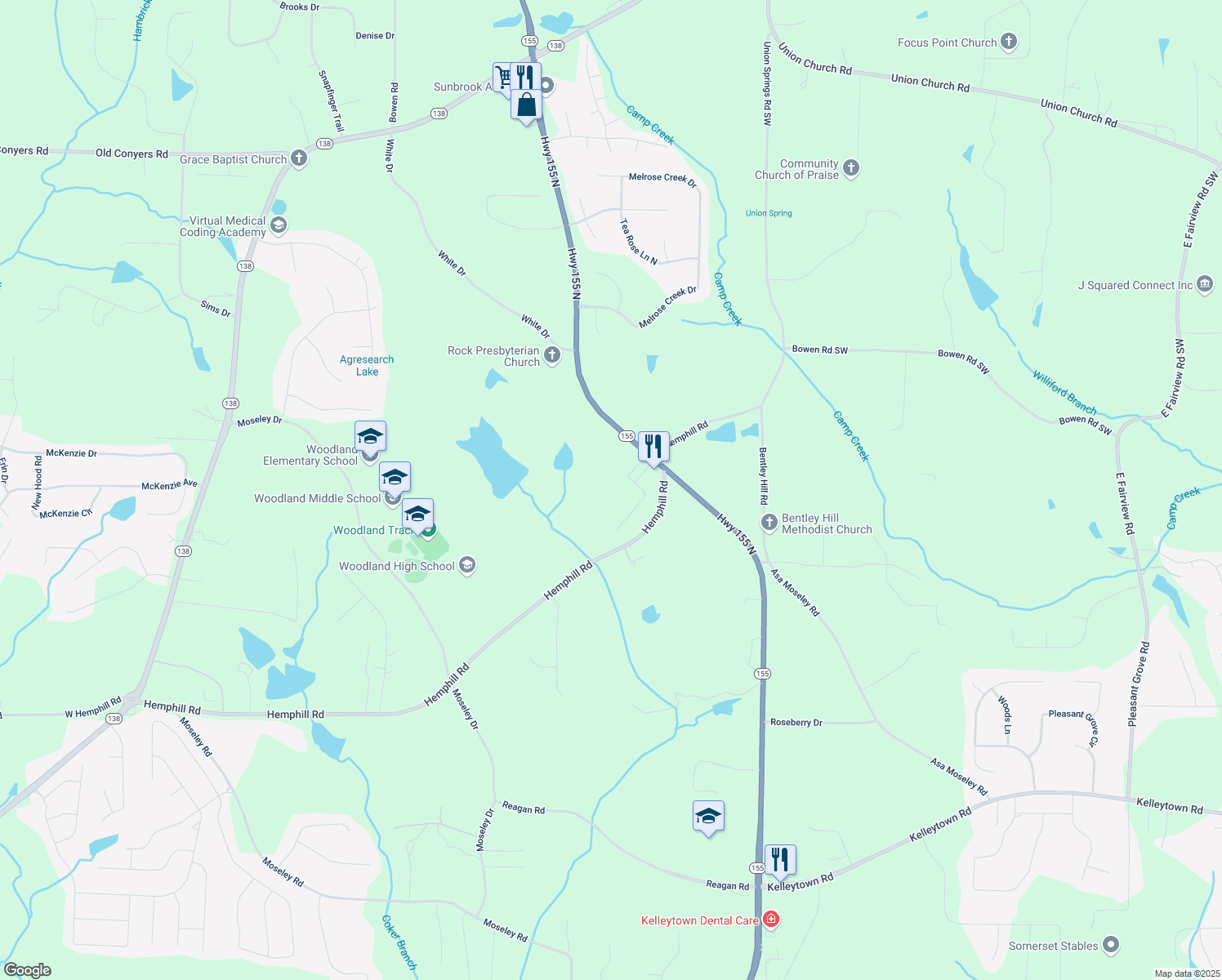 map of restaurants, bars, coffee shops, grocery stores, and more near 4401 Georgia 155 North in Stockbridge