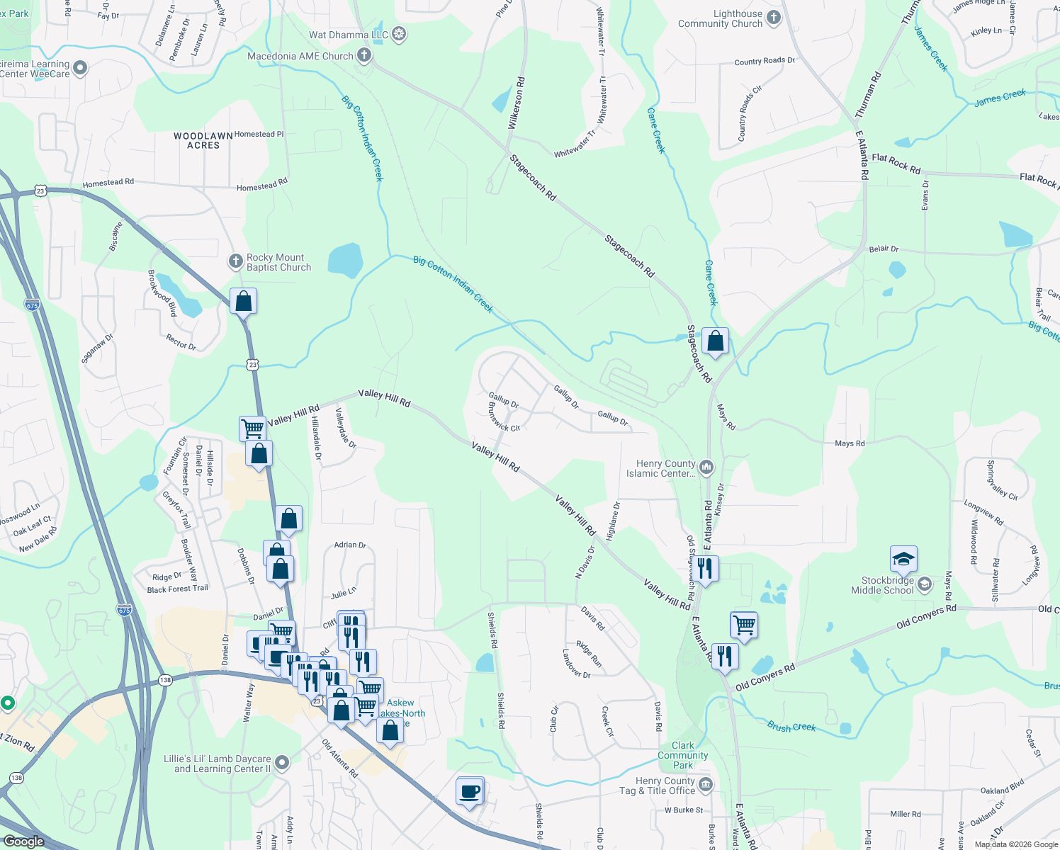 map of restaurants, bars, coffee shops, grocery stores, and more near 701 Davenport Ct in Stockbridge