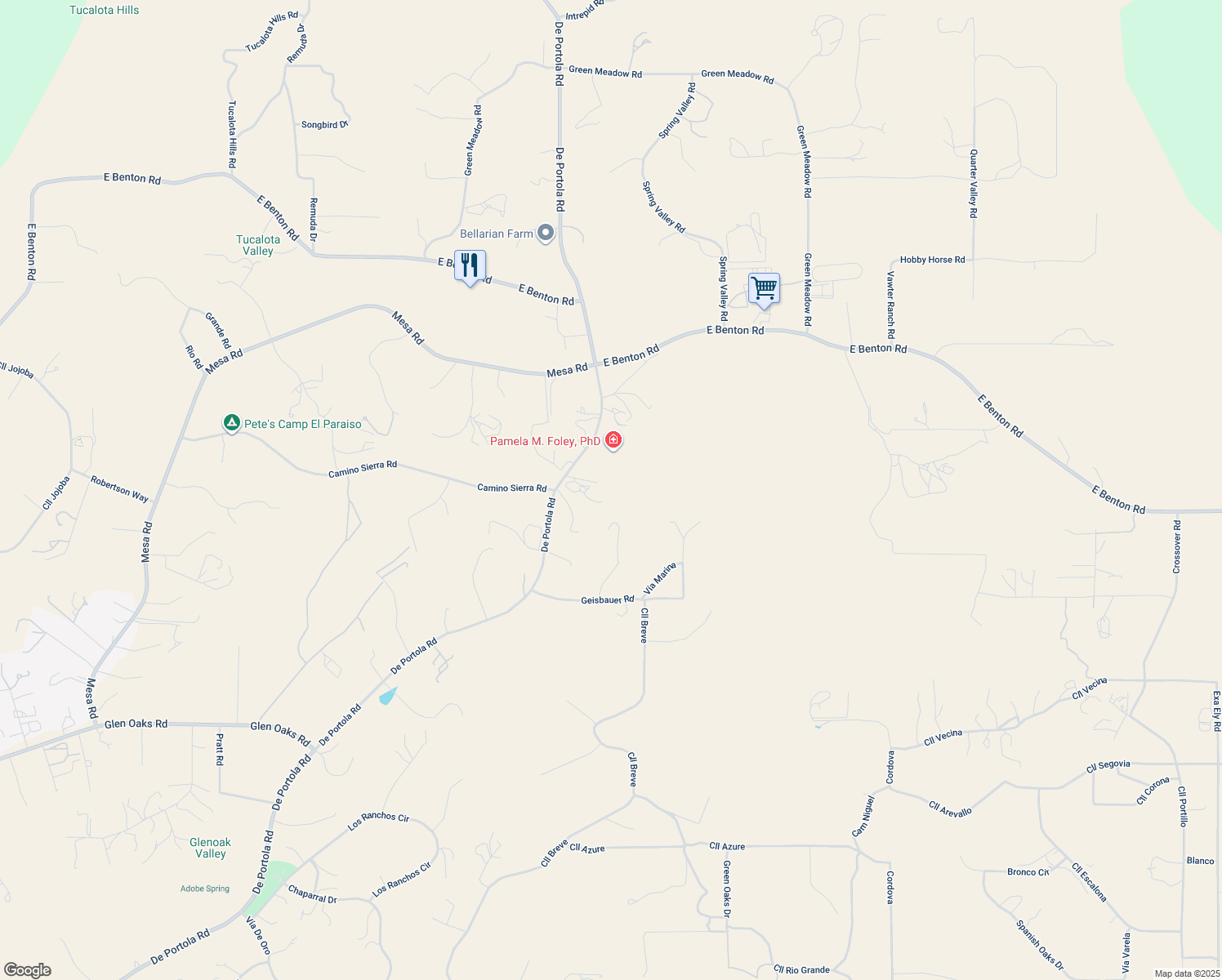 map of restaurants, bars, coffee shops, grocery stores, and more near 42345 De Portola Road in Temecula