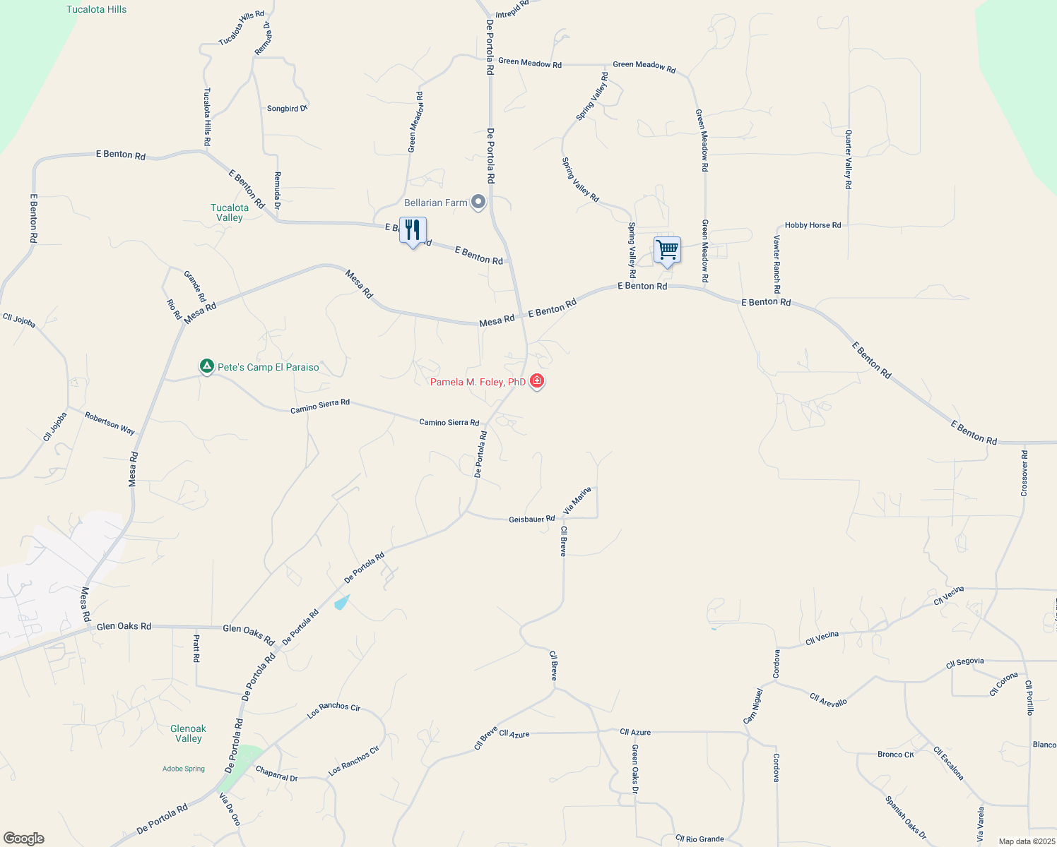 map of restaurants, bars, coffee shops, grocery stores, and more near 42345 De Portola Road in Temecula