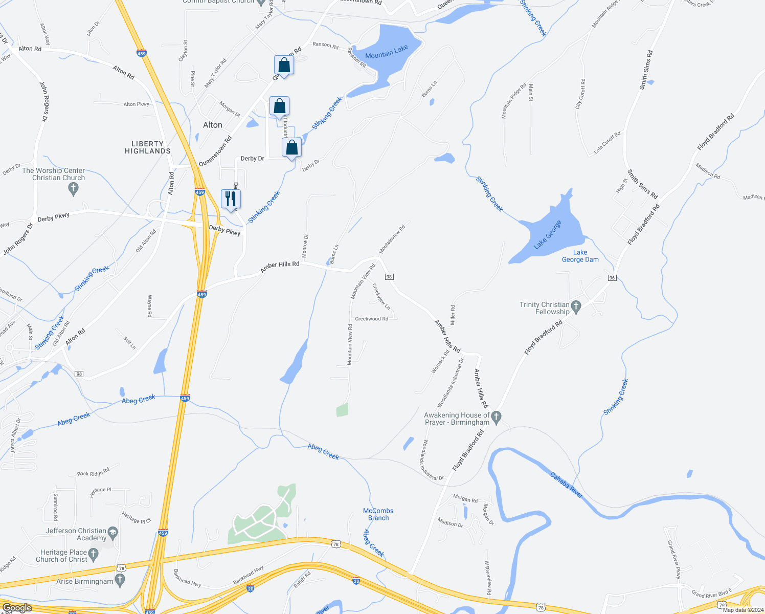 map of restaurants, bars, coffee shops, grocery stores, and more near 2174 Creekview Lane in Birmingham