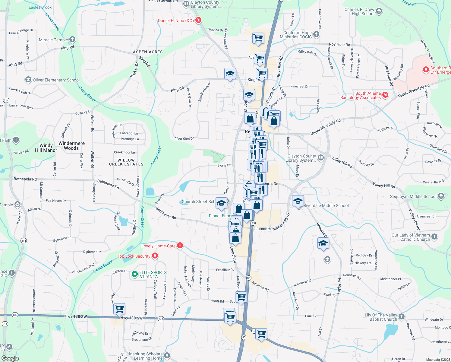 map of restaurants, bars, coffee shops, grocery stores, and more near 6895 Cedar Dr in Riverdale