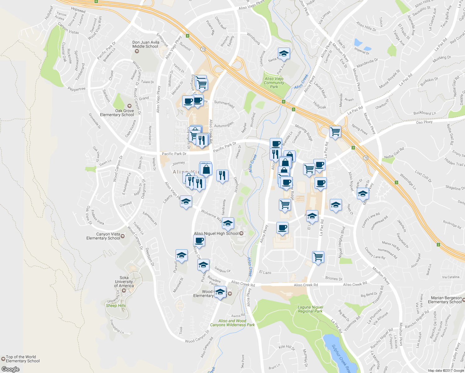 map of restaurants, bars, coffee shops, grocery stores, and more near 6 Sentinel Place in Aliso Viejo