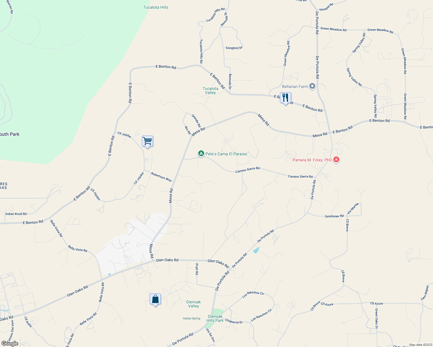 map of restaurants, bars, coffee shops, grocery stores, and more near 38225 Camino Sierra Road in Temecula